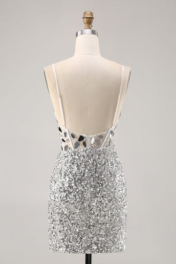 Silver Sequin Corset Homecoming Dress with Mirrors